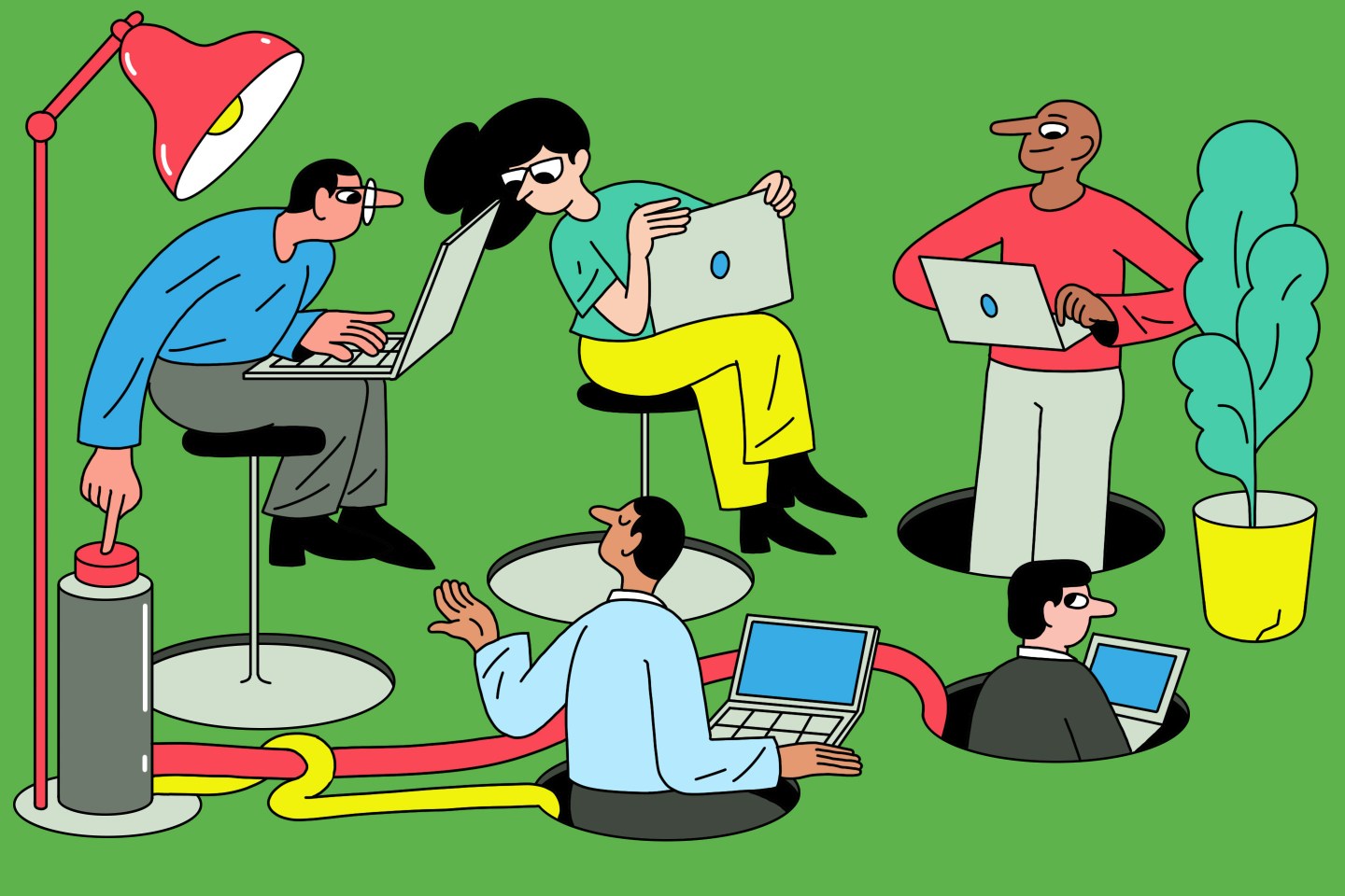 Illustration of a corporate hierarchy being compressed by digital AI icons