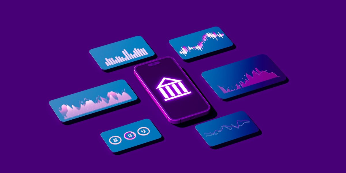 Eine Filiale einer Kleinstadtbank mit einer digitalen Überlagerung, die Blockchain-Verbindungen darstellt