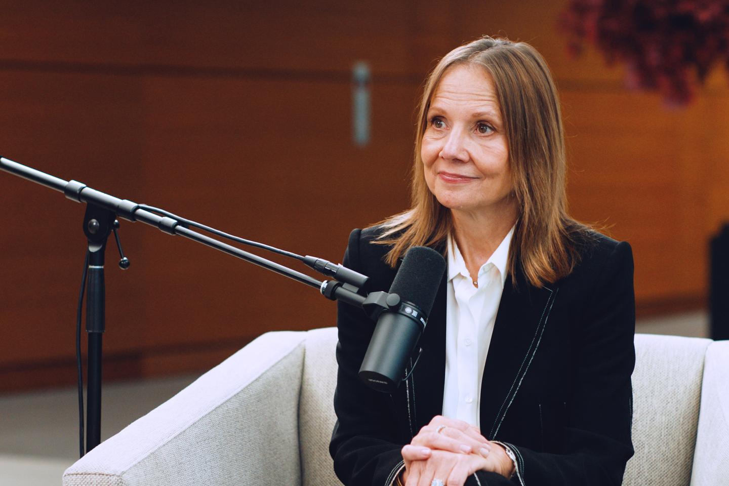 Mary Barra speaking at a GM facility about autonomous vehicle technology
