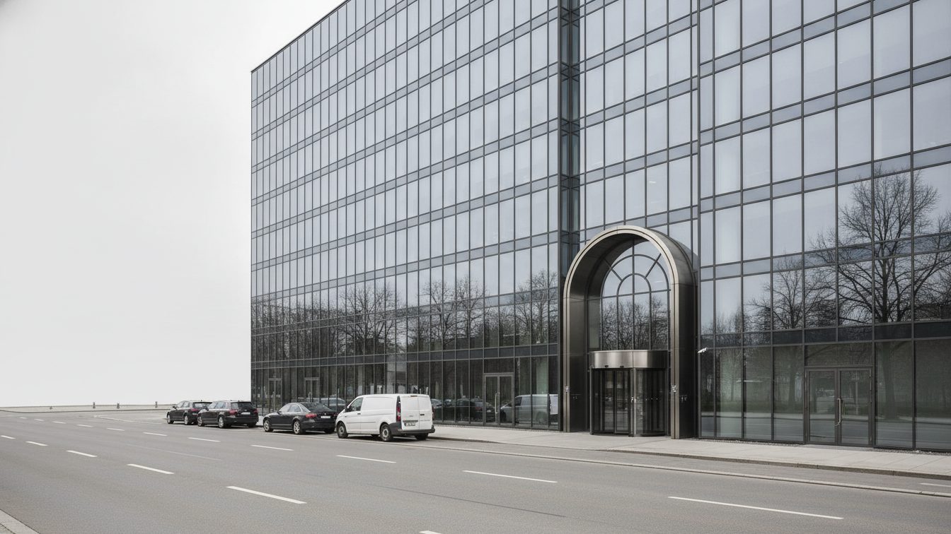 Siemens Energy headquarters in Berlin with a graphic illustrating the split of the Transformation of Industry division