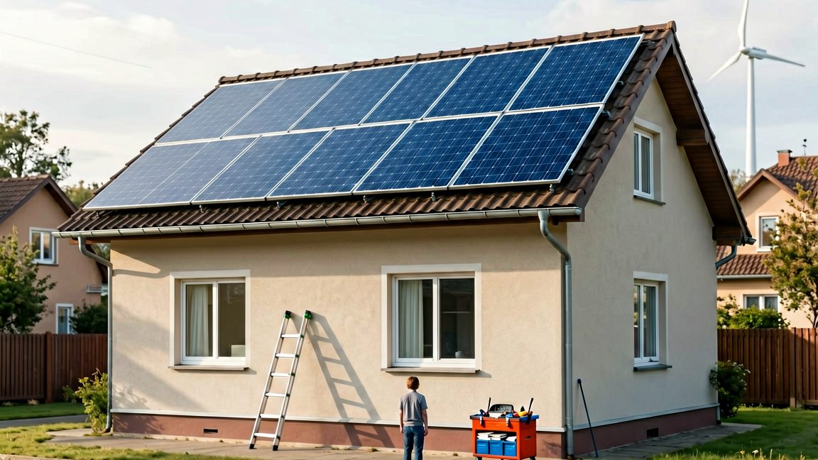 A German homeowner inspecting rooftop solar panels as the 2027 feed-in tariff phase-out approaches