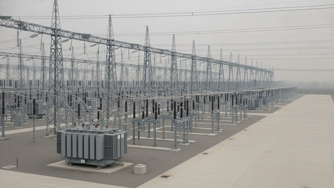 Amprion high-voltage substation in Bergheim, near Cologne, with power lines against a cloudy sky